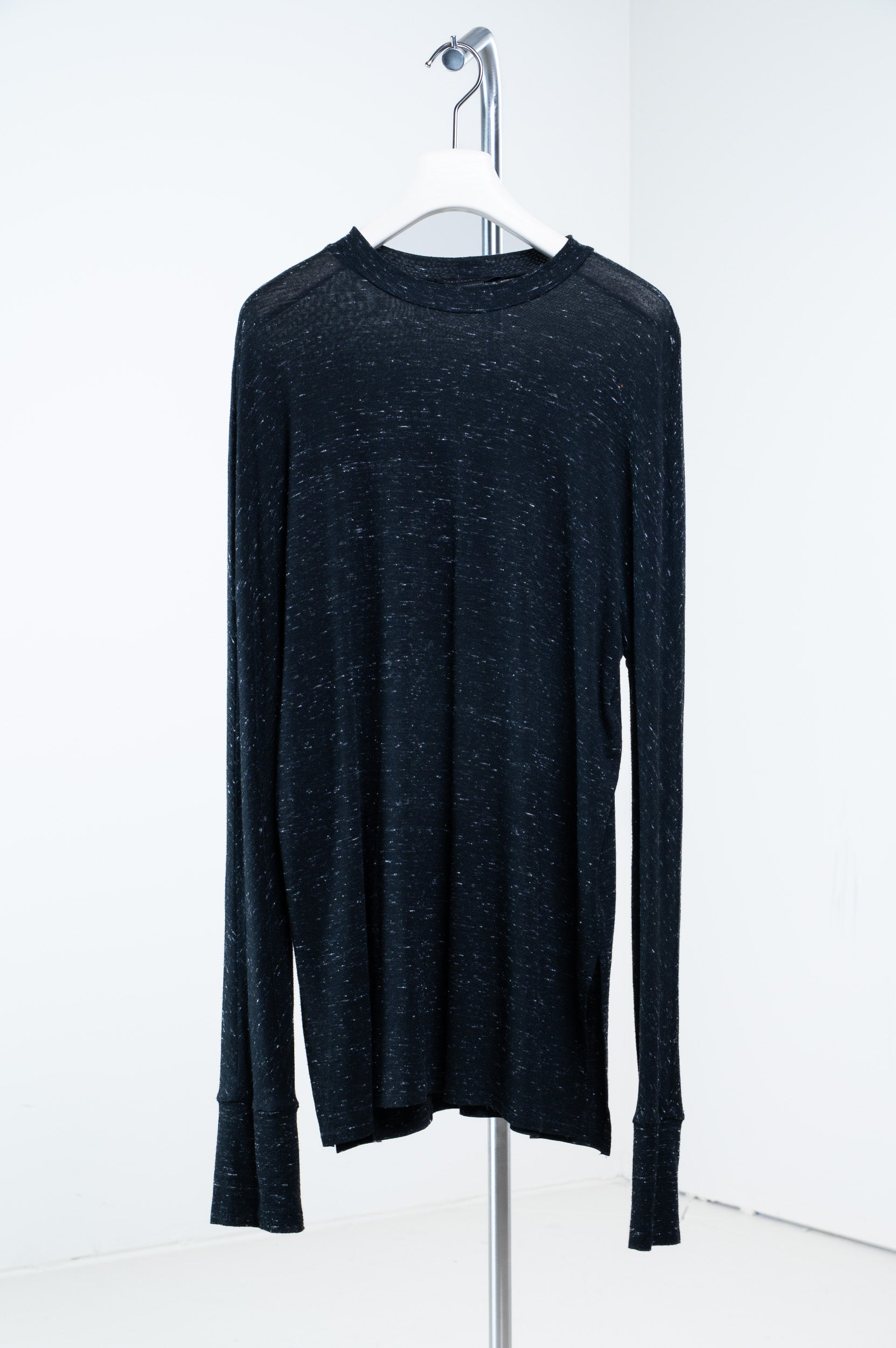 Front view of Marie Saint Pierre Black Speckled Long-Sleeve Shirt 
