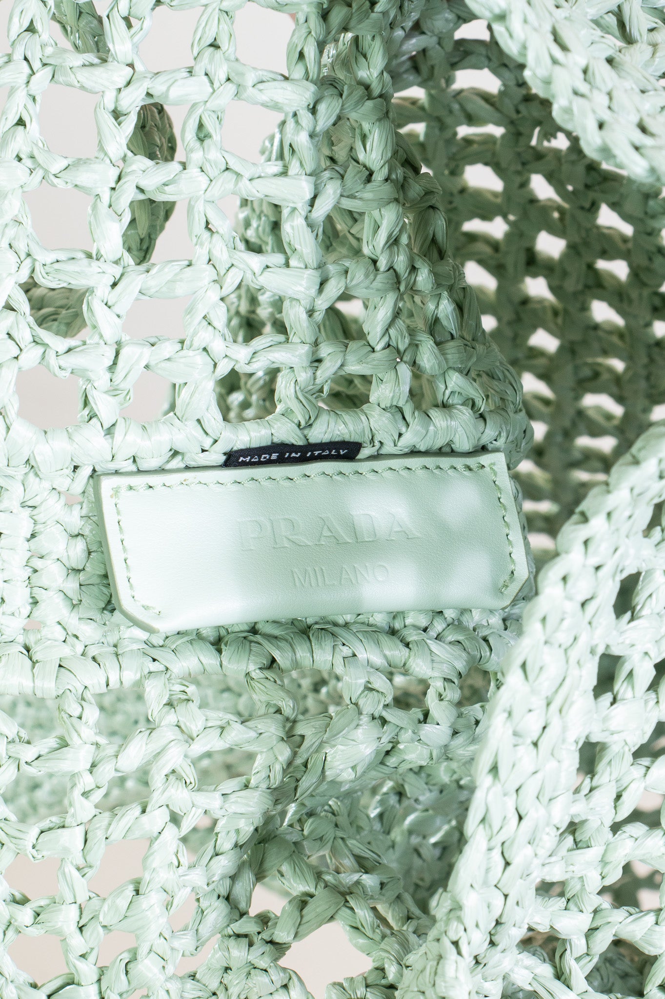 Inside view of Prada Crochet Tote Bag in green viscose with crochet design