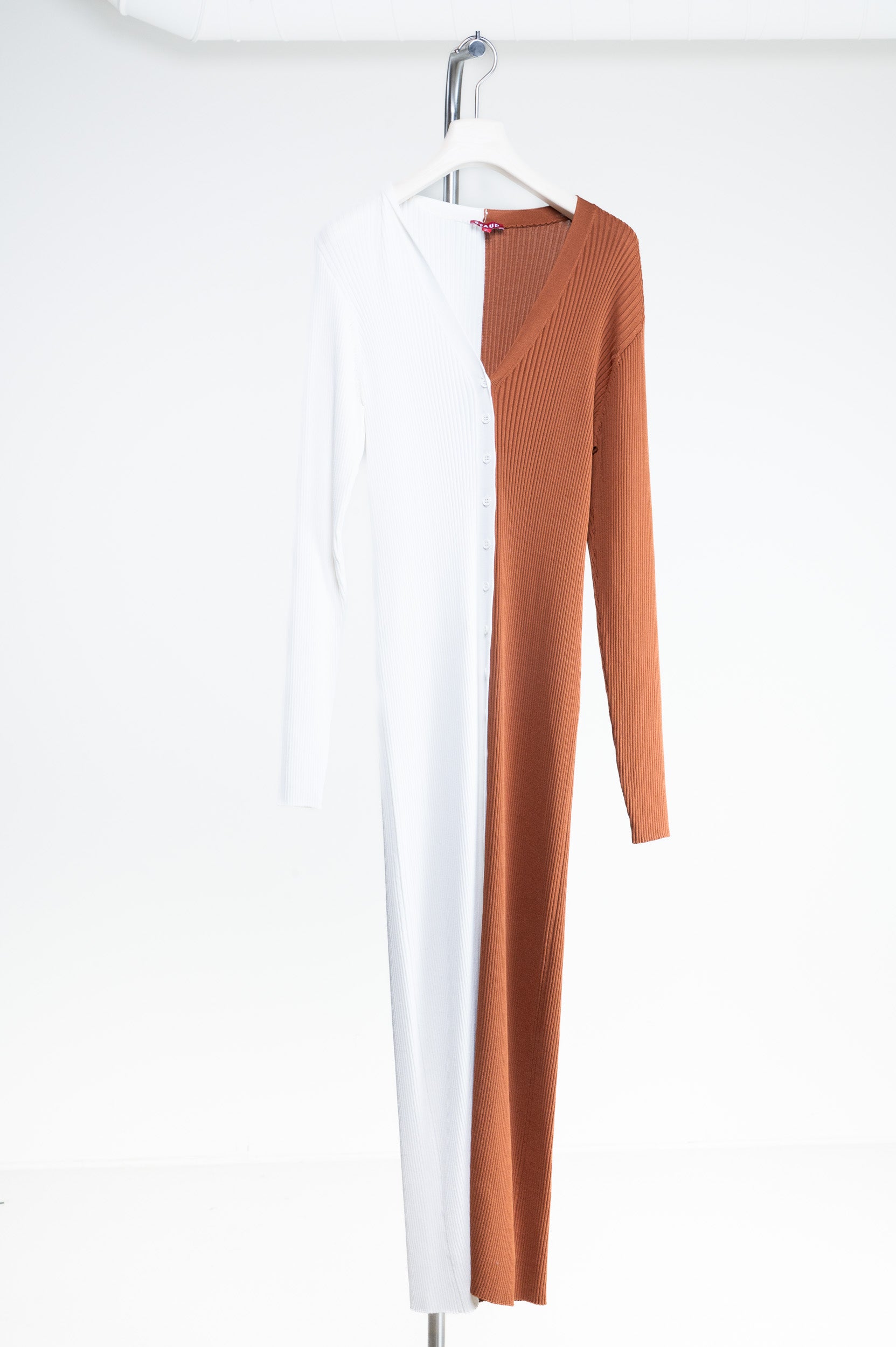 Front view of Staud Brown and White Shoko Colourblock Sweater Dress