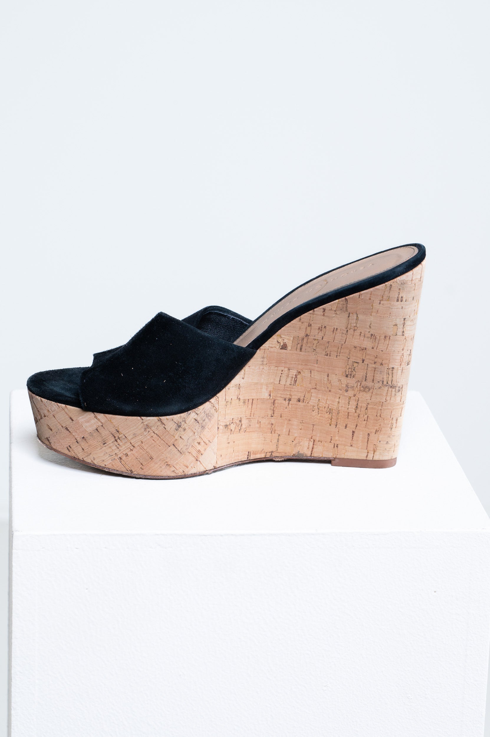 Side view of Veronica Beard Black Suede Slide-On Platform Wedge Heels