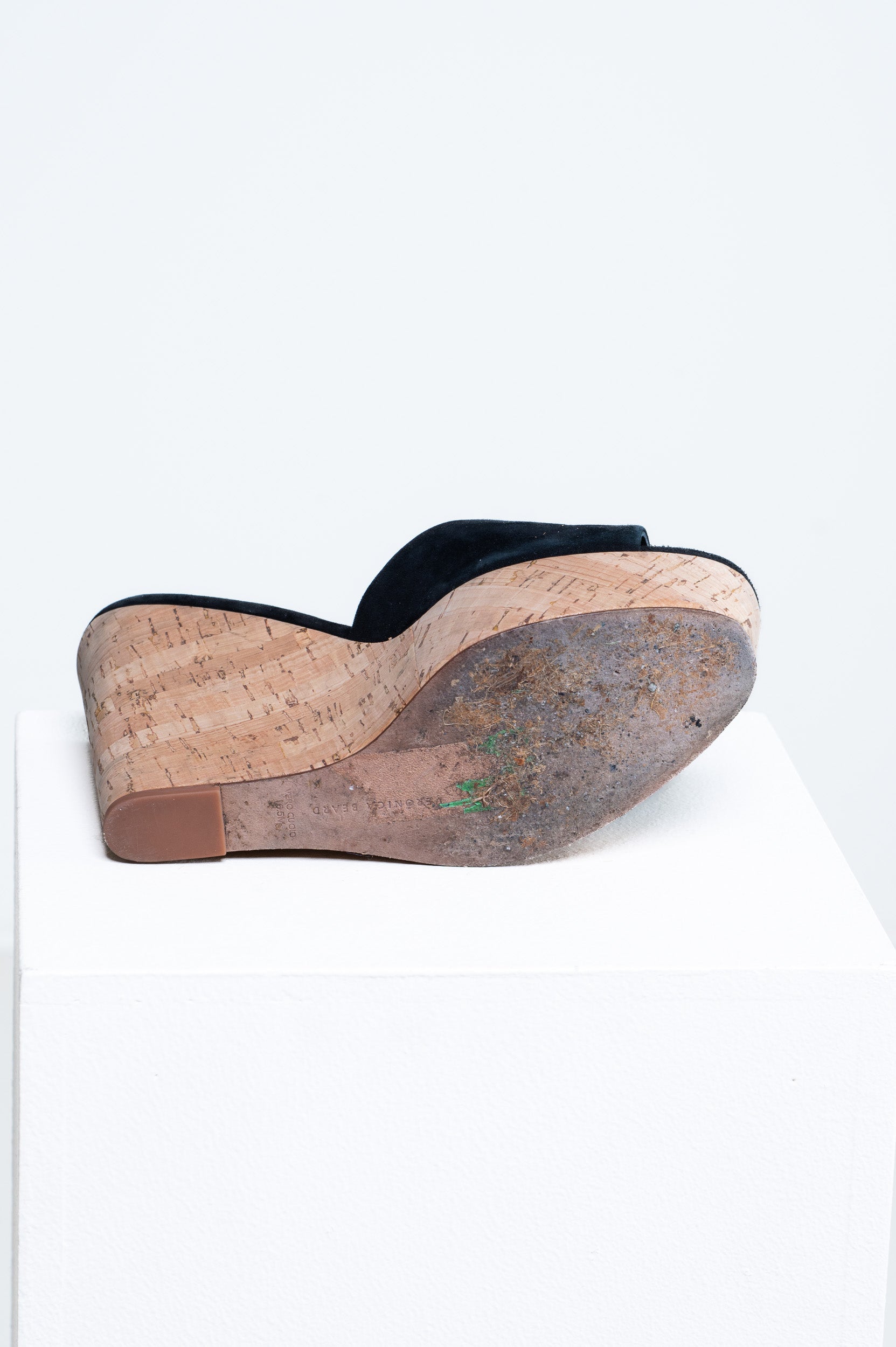 Sole of Veronica Beard Black Suede Slide-On Platform Wedge Heels