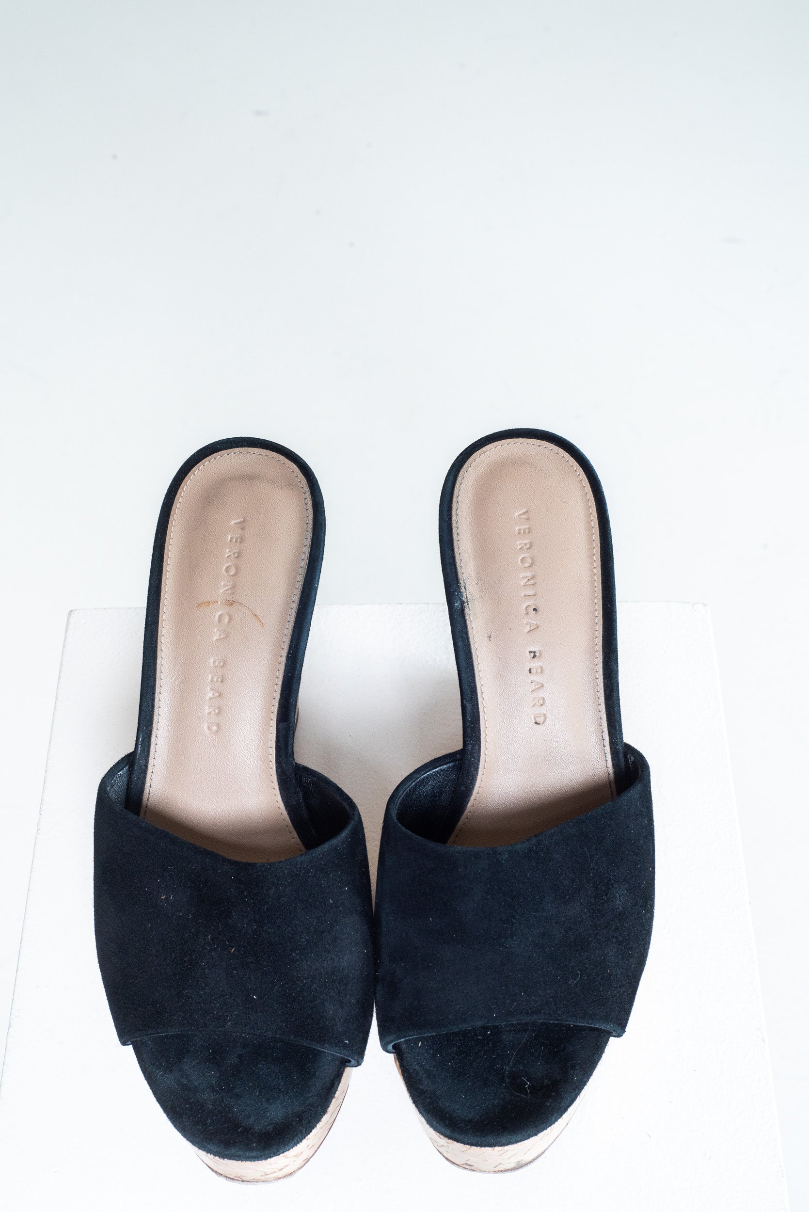 Top view of Veronica Beard Black Suede Slide-On Platform Wedge Heels