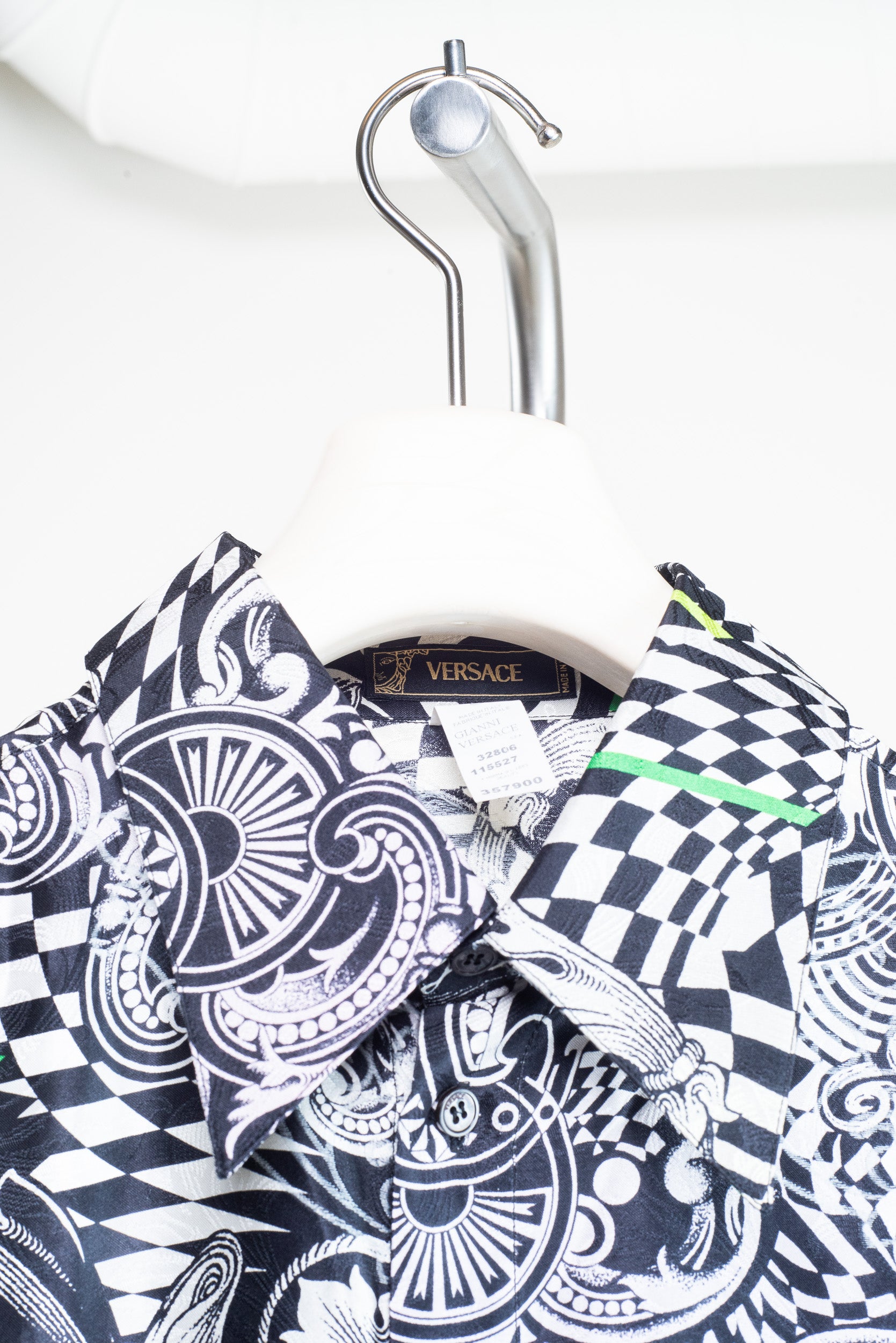Close-up view of Versace Men’s Multicolor Patterned Silk Blend Shirt – size IT 50