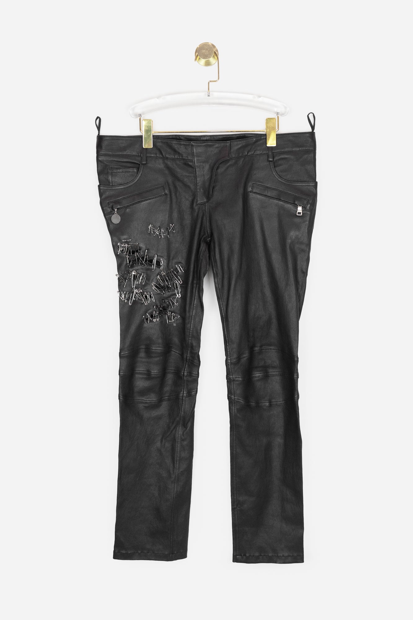 Black Leather Pants with Safety Pin Embellishments