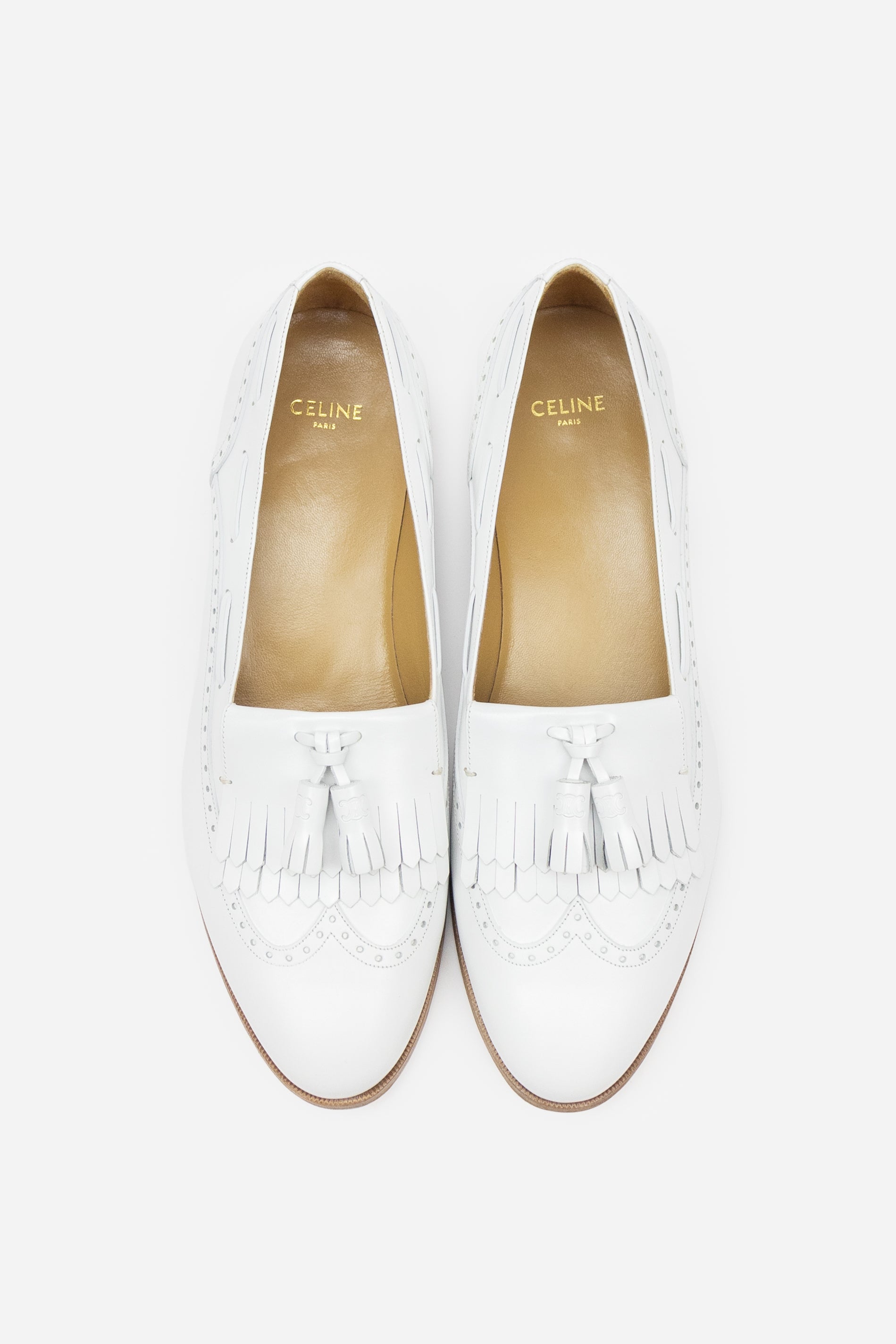 White Leather Tassel Detail Slip On Loafers