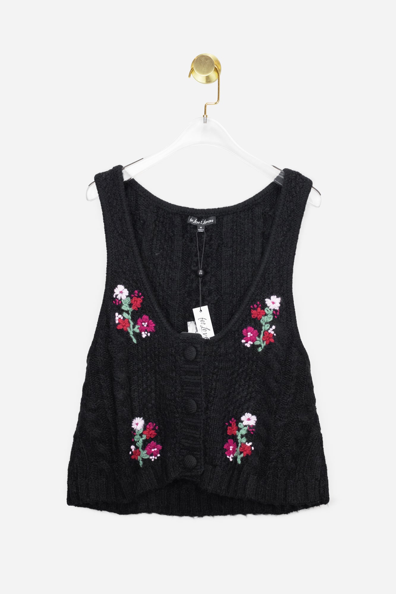 Black Floral Knit Plunge Neckline Sleeveless Sweater Cardigan