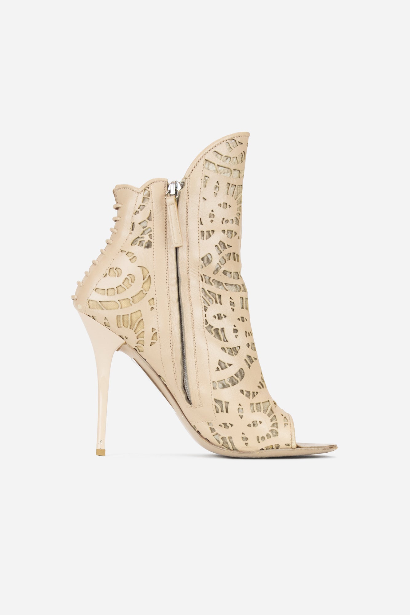 Beige Leather Open Toe Booties with Laser Cut Details - So Over It Luxury Consignment