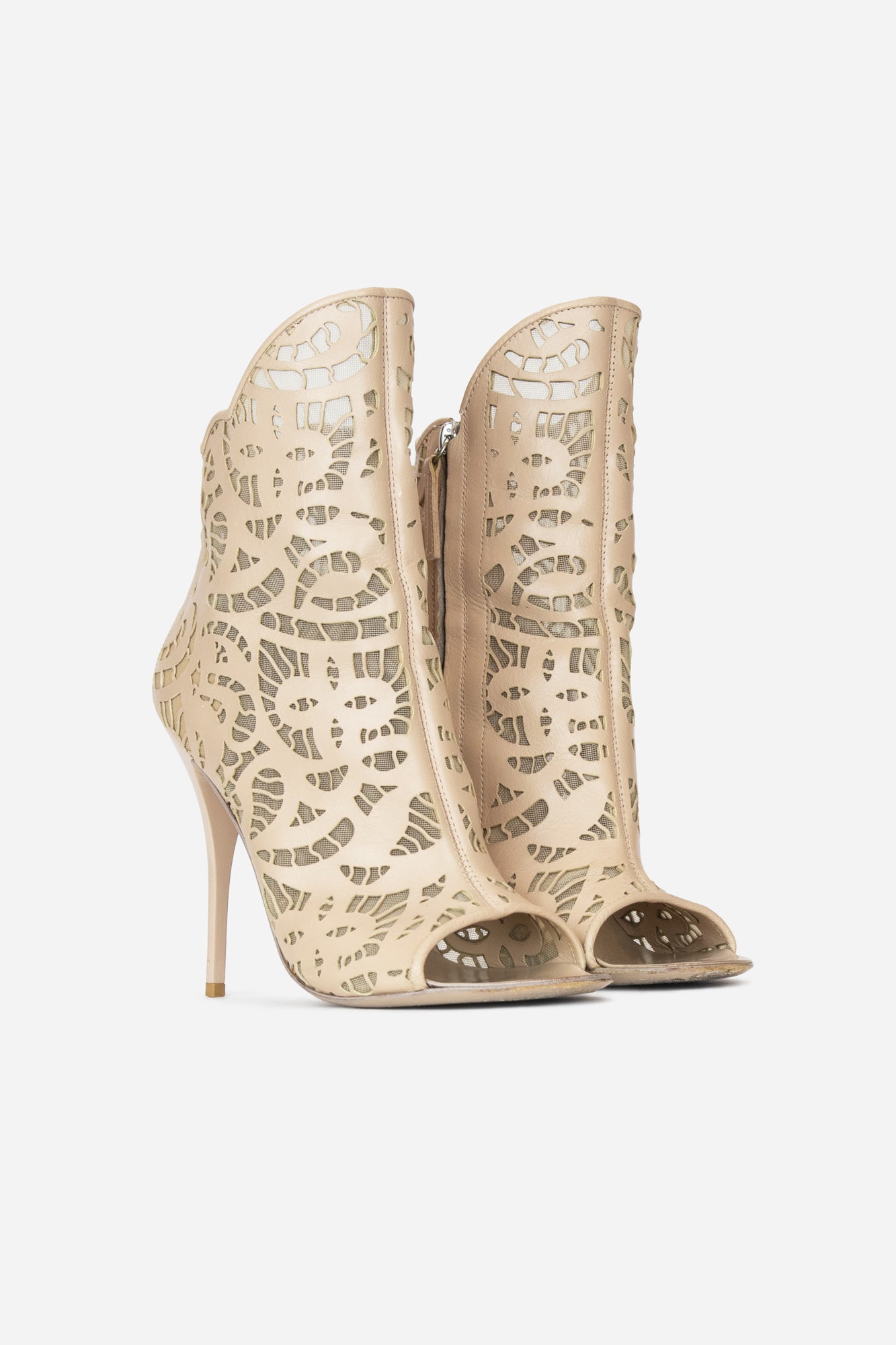 Giuseppe Zanotti Beige Leather Open Toe Booties with Laser Cut Details