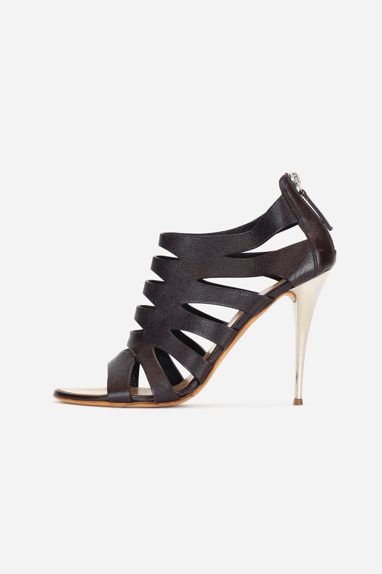 Dark Brown Leather Cut-Out Heeled Sandals