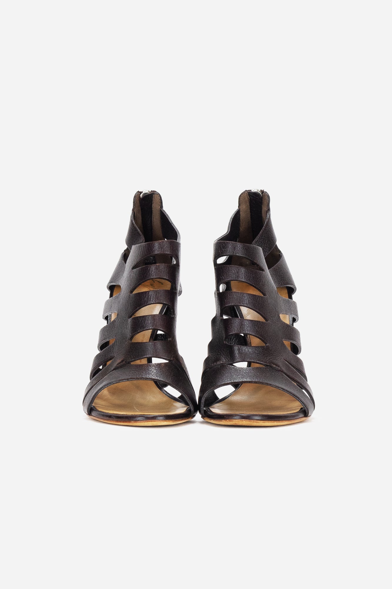 Dark Brown Leather Cut-Out Heeled Sandals