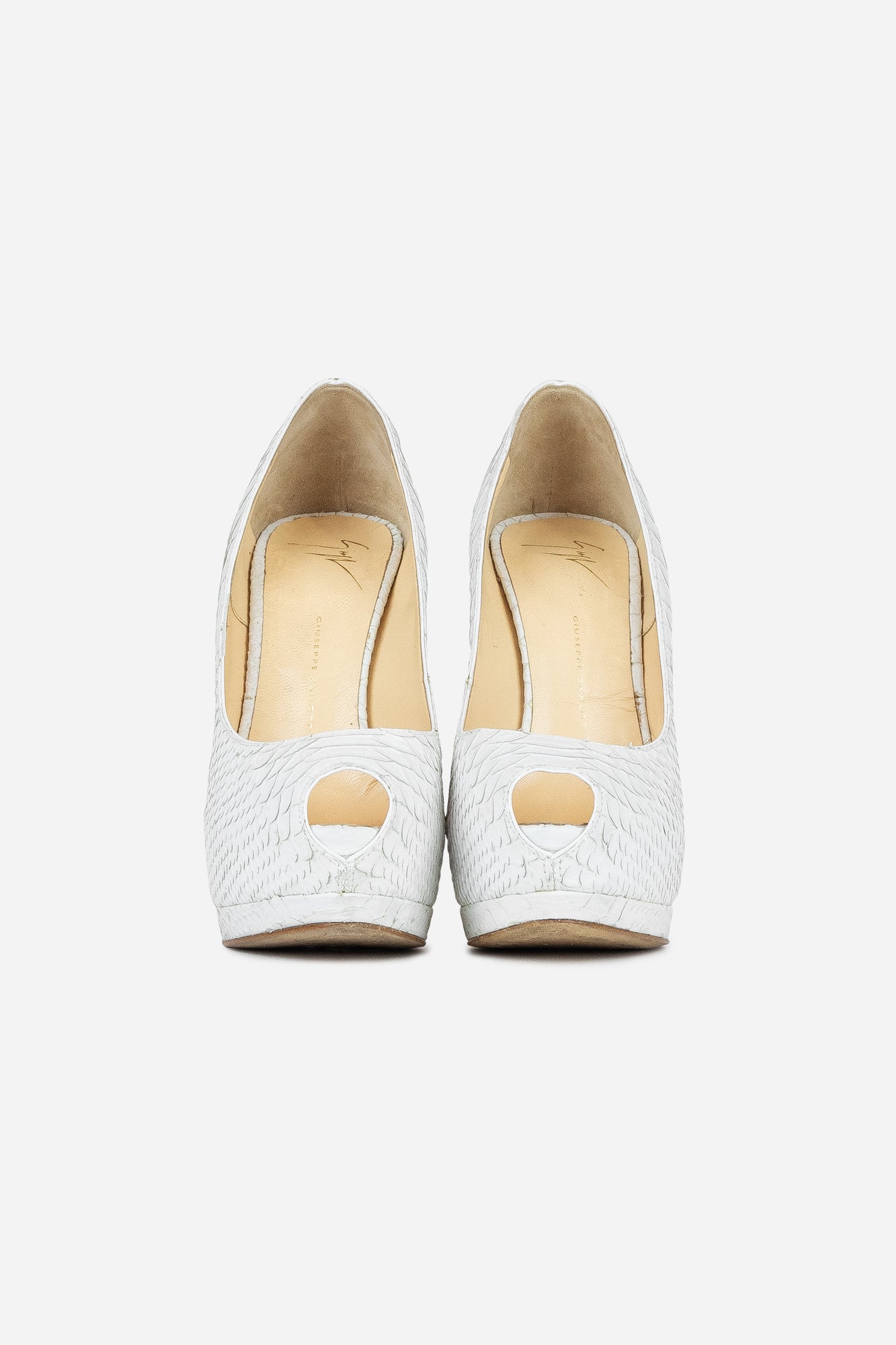 White Snake Embossed Leather Open-Toe Pumps