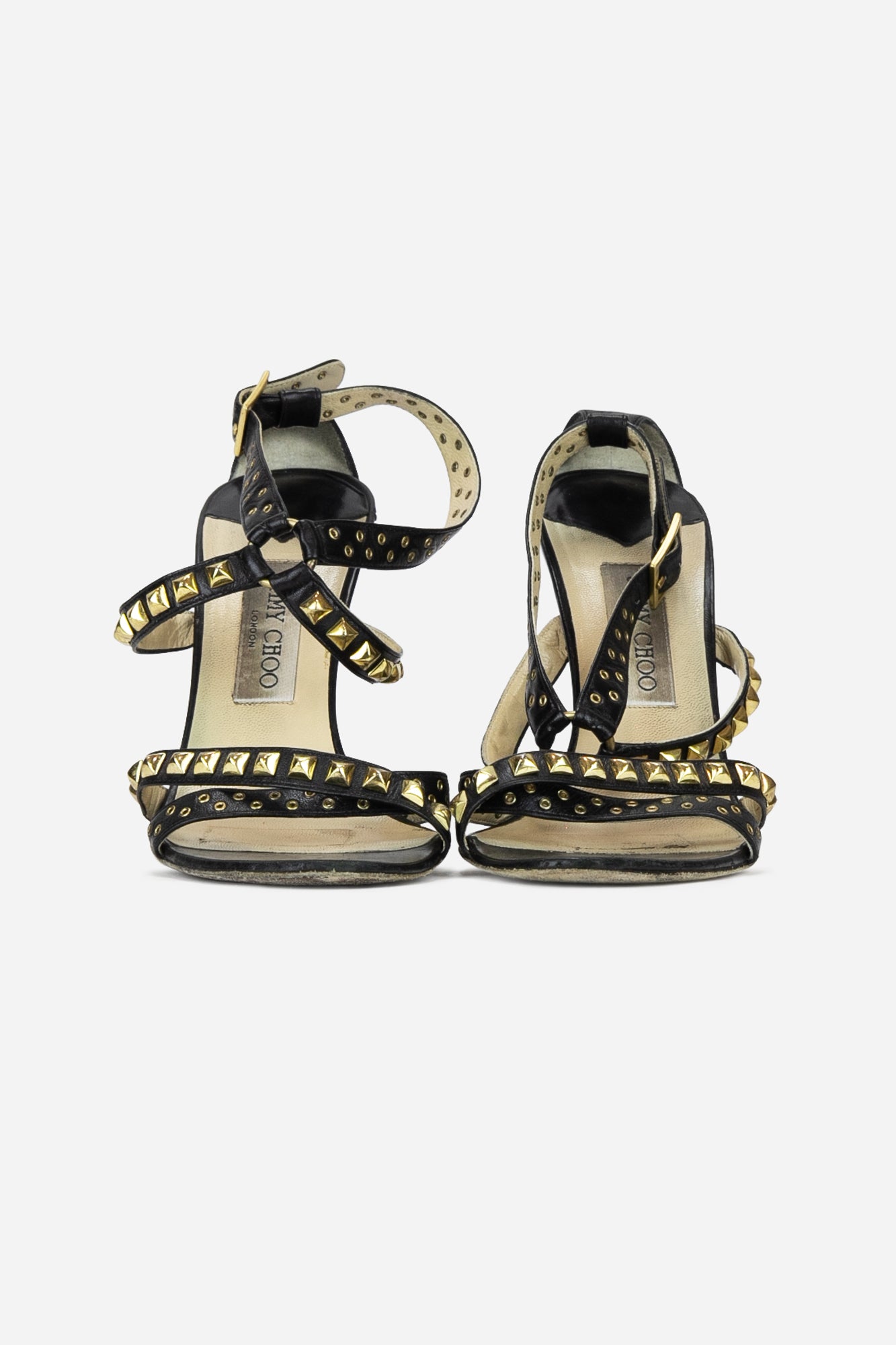 Black Leather Strappy Sandals with Gold Studded Details - So Over It Luxury Consignment