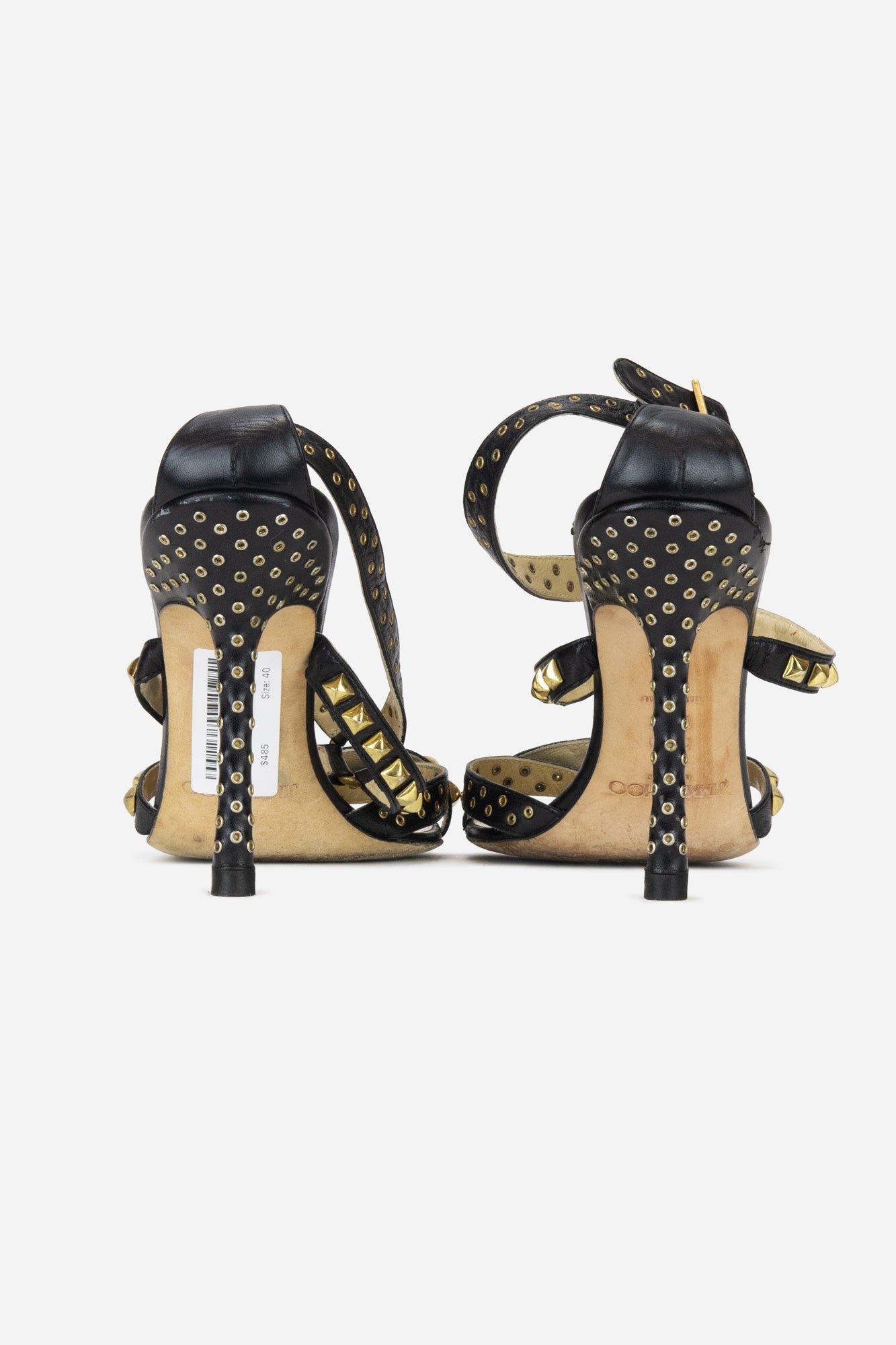 Black Leather Strappy Sandals with Gold Studded Details