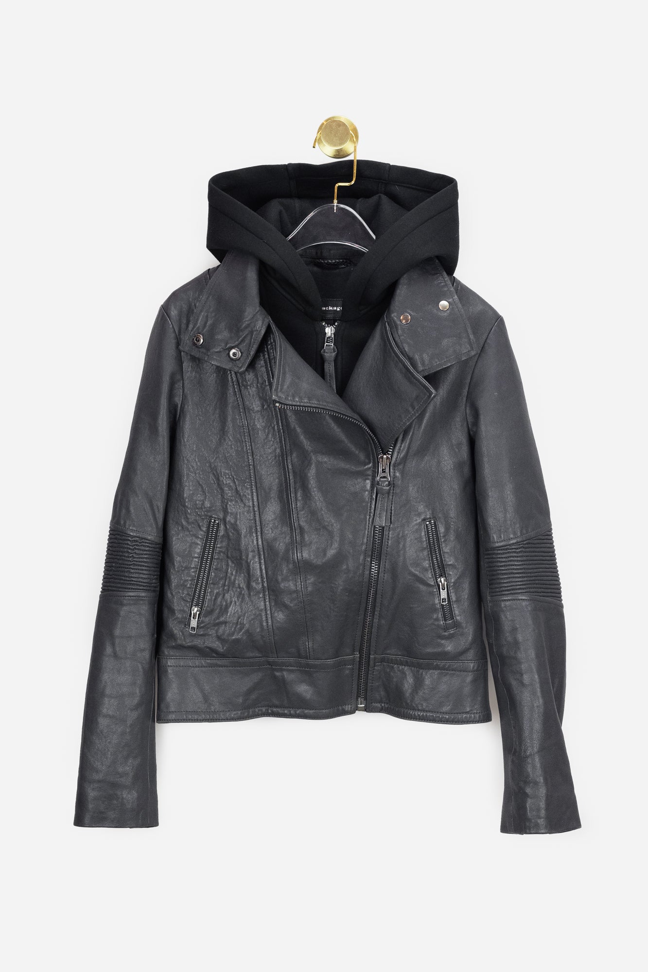 Black Leather Moto Jacket with Hoodie Attachment