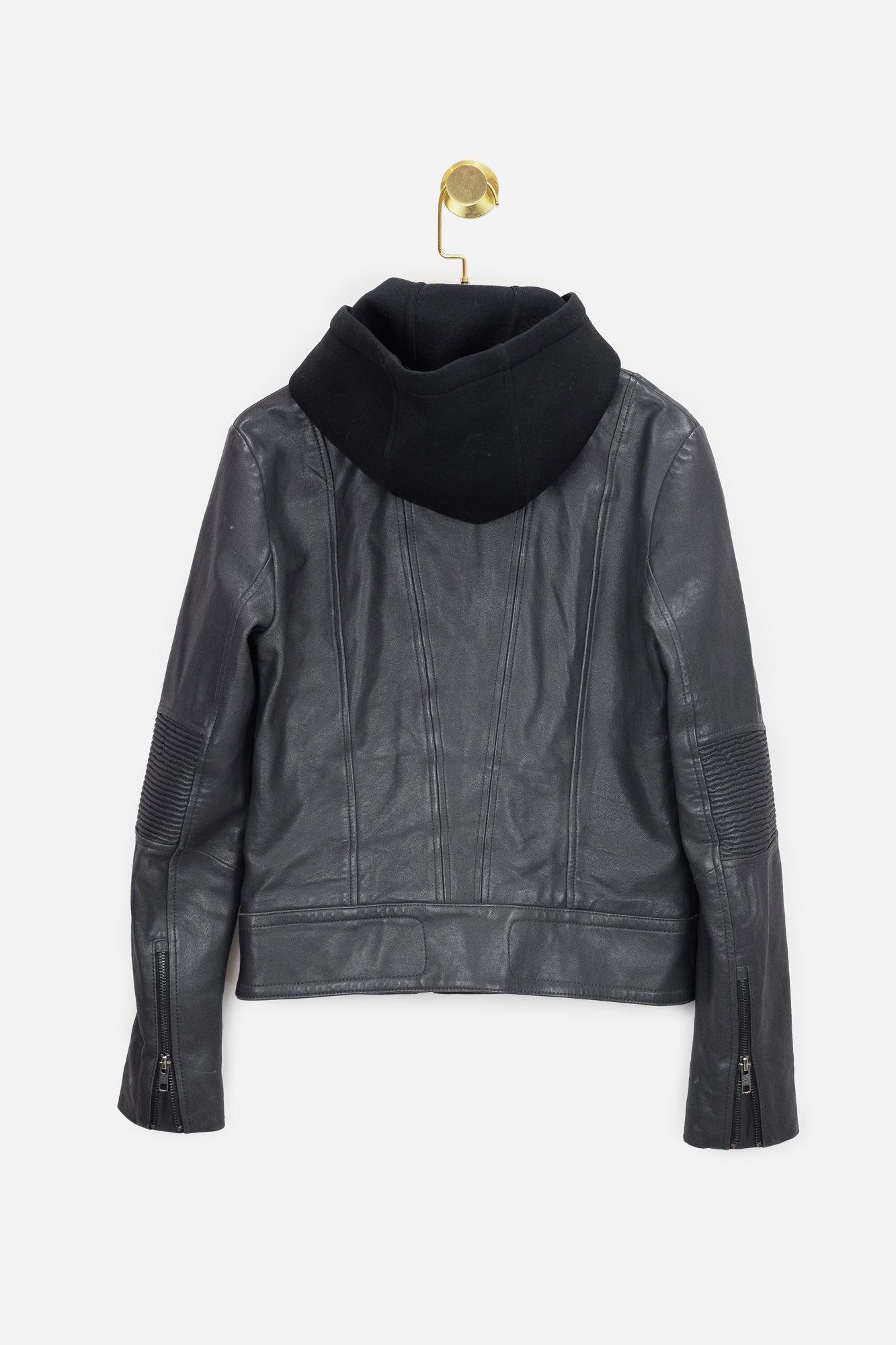 Black Leather Moto Jacket with Hoodie Attachment