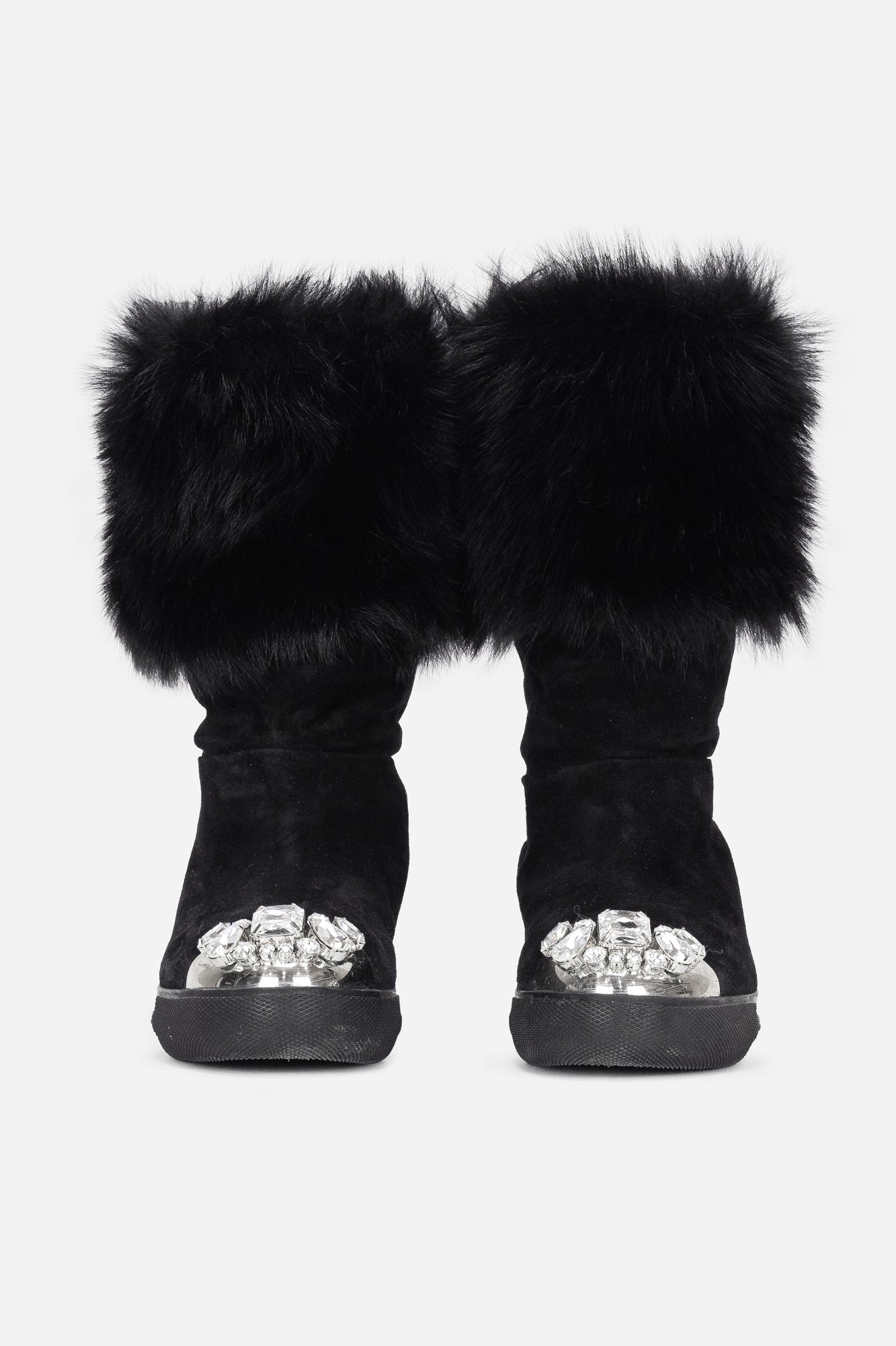 Black Suede and Shearling Crystal Embellished Boots - So Over It Luxury Consignment