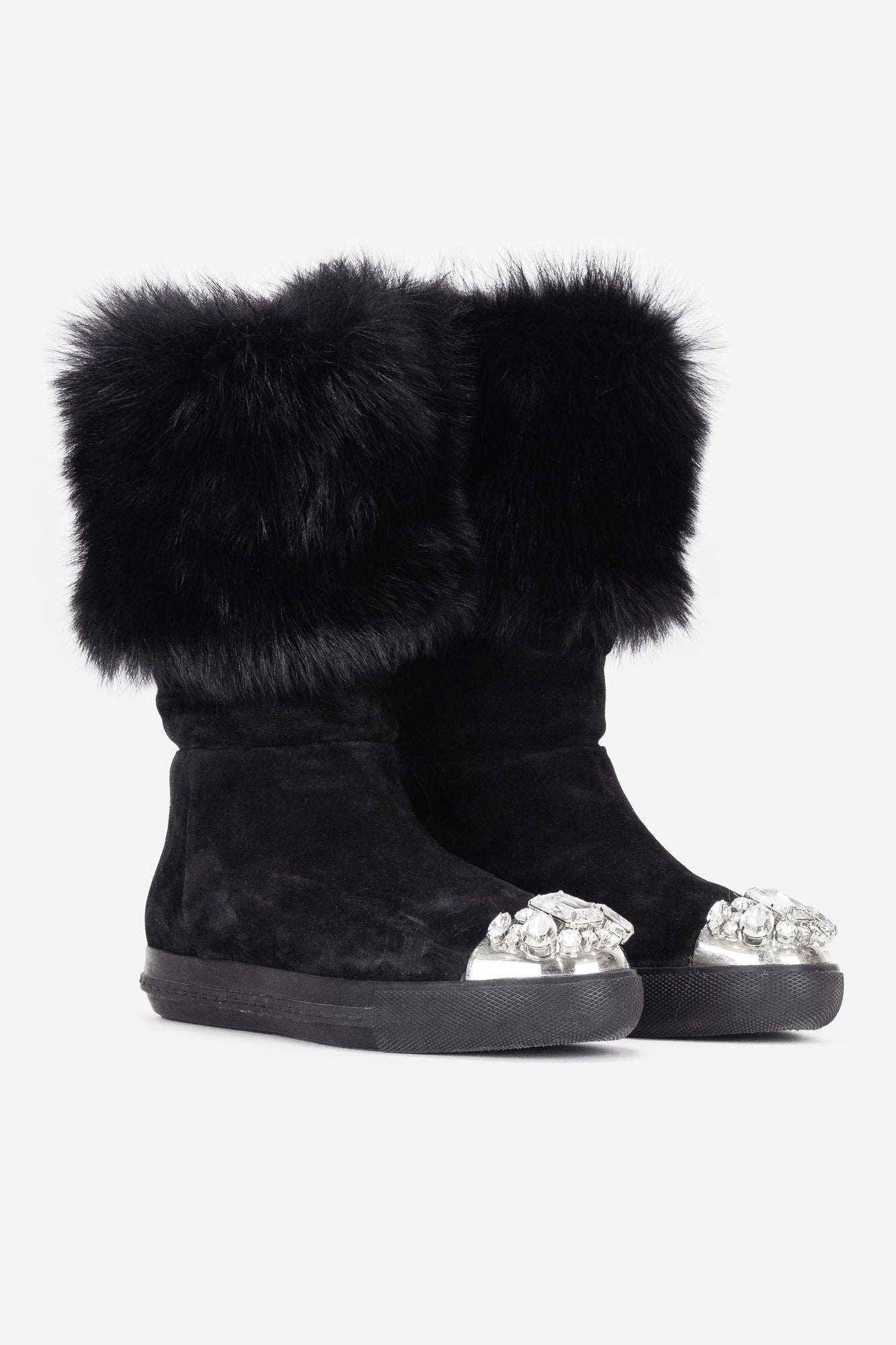 Black Suede and Shearling Crystal Embellished Boots
